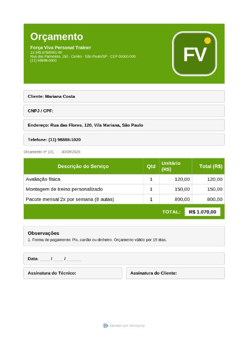 PDF do orçamento com a logo da Força Viva Personal Trainer (empresa fictícia)