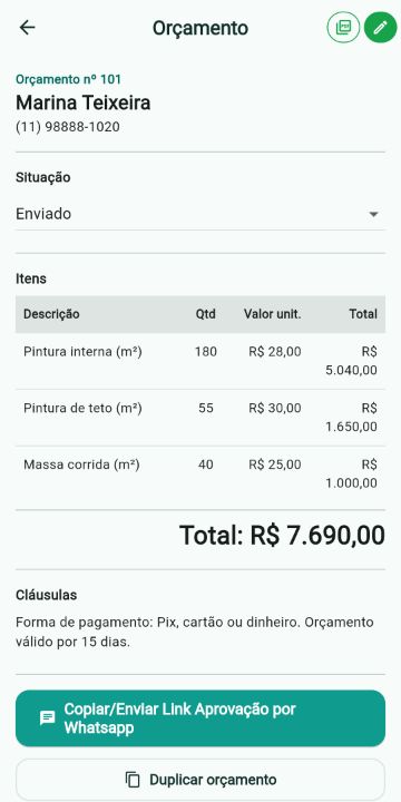 Orçamento de Pintor com itens, quantidades e total no ServiçoUp