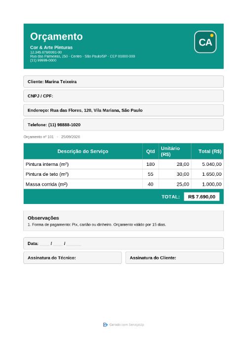 PDF do orçamento com a logo da Cor & Arte Pinturas (empresa fictícia)