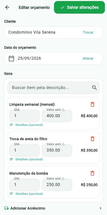 Orçamento de Piscinas montado com os serviços do catálogo no ServiçoUp