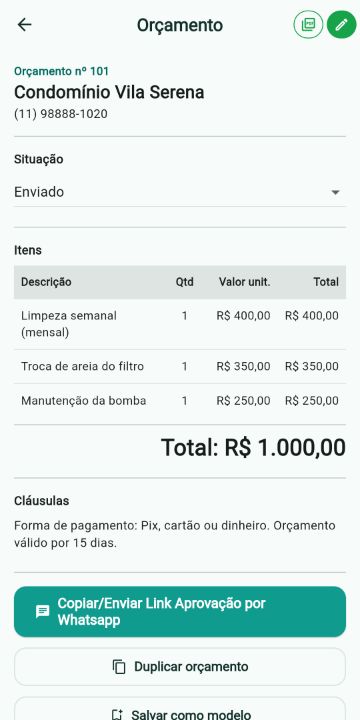 Orçamento de Piscinas com itens, quantidades e total no ServiçoUp