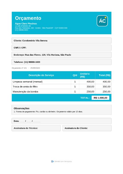 PDF do orçamento com a logo da Água Clara Piscinas (empresa fictícia)