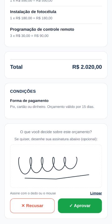 Cliente aprovando o orçamento da Portal Automação de Portões pelo celular