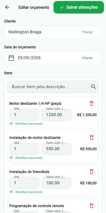 Orçamento de Portões Automáticos montado com os serviços do catálogo no ServiçoUp