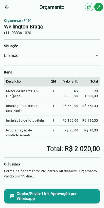 Orçamento de Portões Automáticos com itens, quantidades e total no ServiçoUp