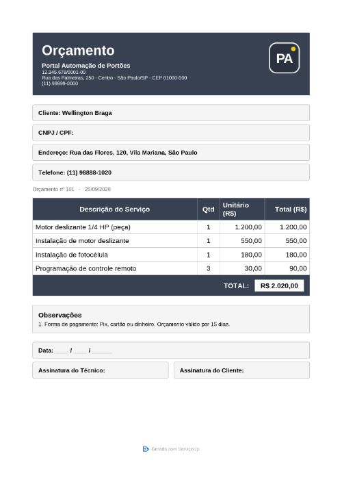 PDF do orçamento com a logo da Portal Automação de Portões (empresa fictícia)
