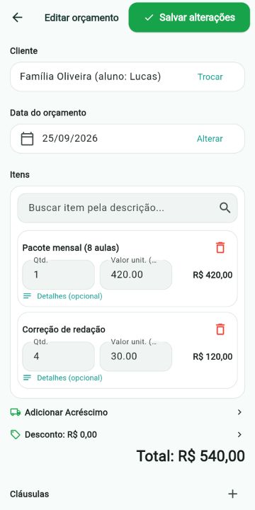 Orçamento de Aulas Particulares montado com os serviços do catálogo no ServiçoUp