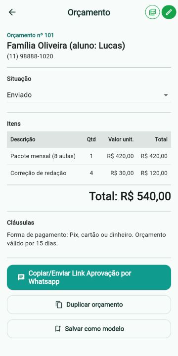 Orçamento de Aulas Particulares com itens, quantidades e total no ServiçoUp