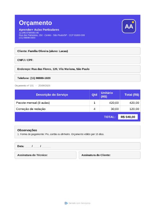PDF do orçamento com a logo da Aprender+ Aulas Particulares (empresa fictícia)