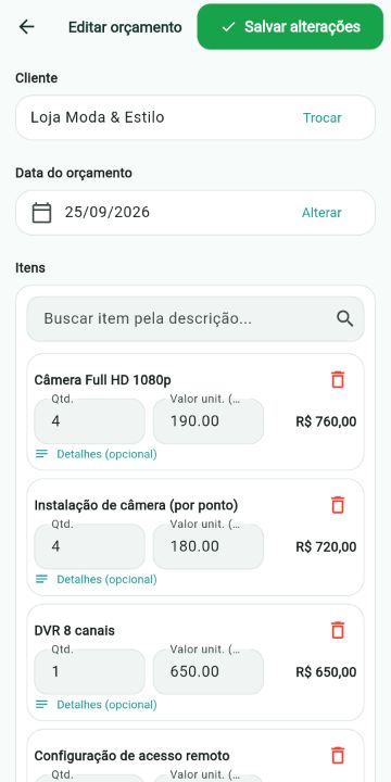 Orçamento de Segurança Eletrônica montado com os serviços do catálogo no ServiçoUp