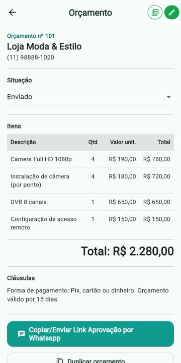 Orçamento de Segurança Eletrônica com itens, quantidades e total no ServiçoUp