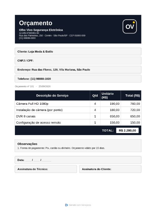 PDF do orçamento com a logo da Olho Vivo Segurança Eletrônica (empresa fictícia)