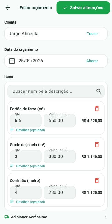 Orçamento de Serralheiro montado com os serviços do catálogo no ServiçoUp