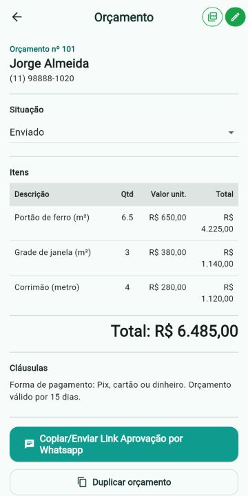 Orçamento de Serralheiro com itens, quantidades e total no ServiçoUp