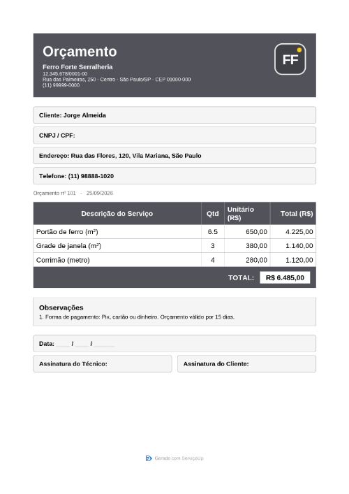 PDF do orçamento com a logo da Ferro Forte Serralheria (empresa fictícia)