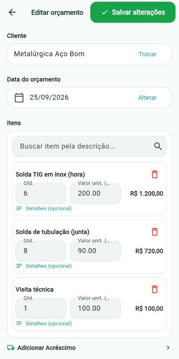 Orçamento de Soldador montado com os serviços do catálogo no ServiçoUp