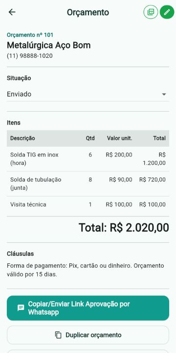 Orçamento de Soldador com itens, quantidades e total no ServiçoUp