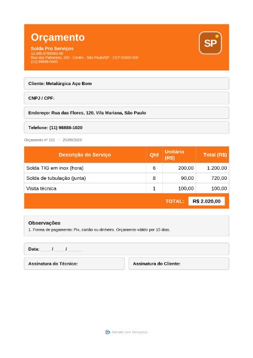 PDF do orçamento com a logo da Solda Pro Serviços (empresa fictícia)
