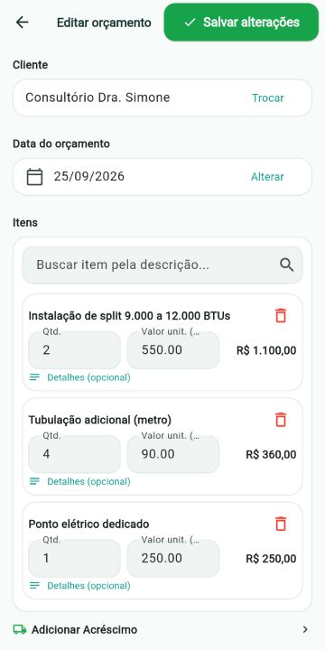 Orçamento de Climatização montado com os serviços do catálogo no ServiçoUp
