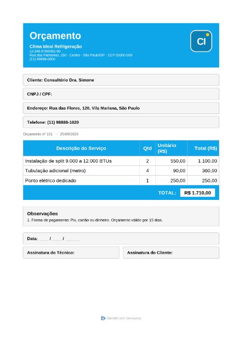 PDF do orçamento com a logo da Clima Ideal Refrigeração (empresa fictícia)