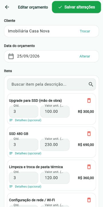 Orçamento de Informática montado com os serviços do catálogo no ServiçoUp