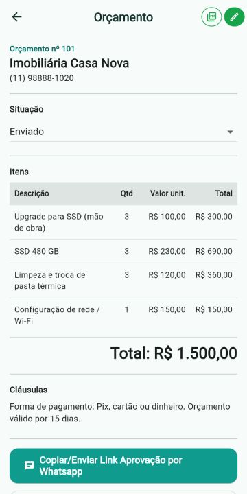 Orçamento de Informática com itens, quantidades e total no ServiçoUp