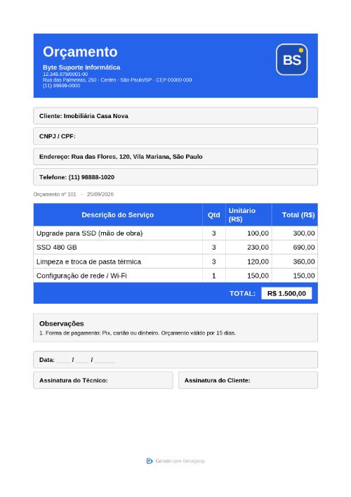 PDF do orçamento com a logo da Byte Suporte Informática (empresa fictícia)