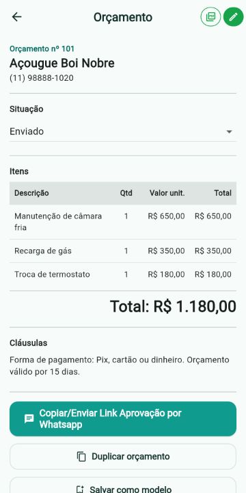 Orçamento de Refrigeração com itens, quantidades e total no ServiçoUp