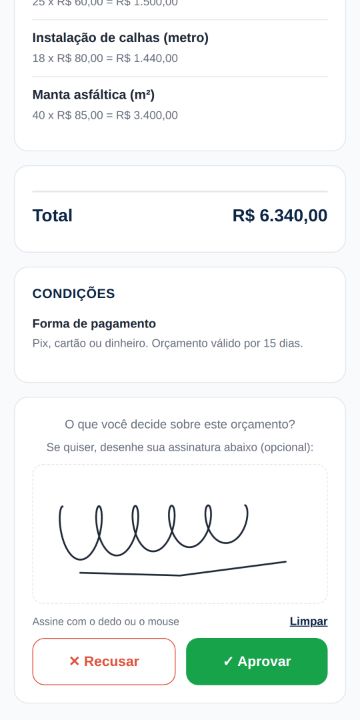 Cliente aprovando o orçamento da Telhado Seguro Coberturas pelo celular