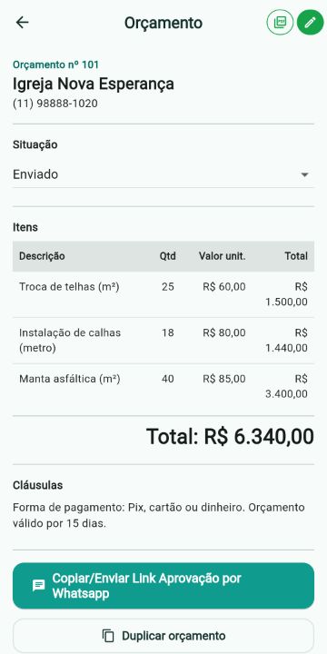 Orçamento de Telhados e Impermeabilização com itens, quantidades e total no ServiçoUp