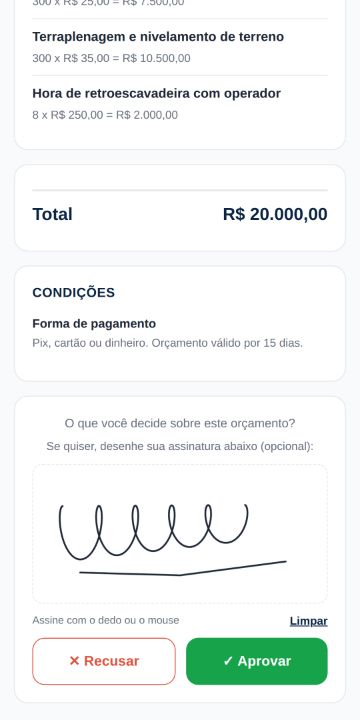 Cliente aprovando o orçamento da Terra Firme Terraplanagem pelo celular