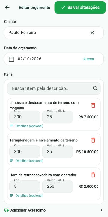 Orçamento de terraplanagem montado com os serviços do catálogo no ServiçoUp