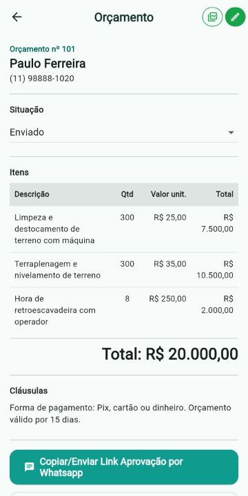 Orçamento com limpeza de terreno, terraplenagem e horas de retroescavadeira no ServiçoUp