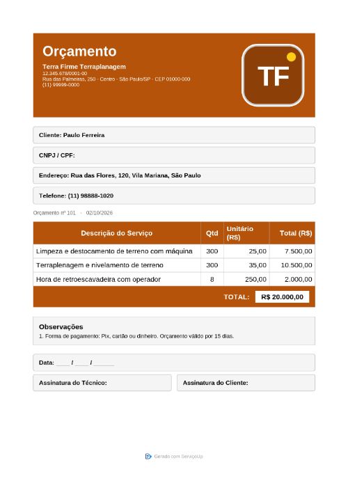 PDF do orçamento com a logo da Terra Firme Terraplanagem (empresa fictícia)