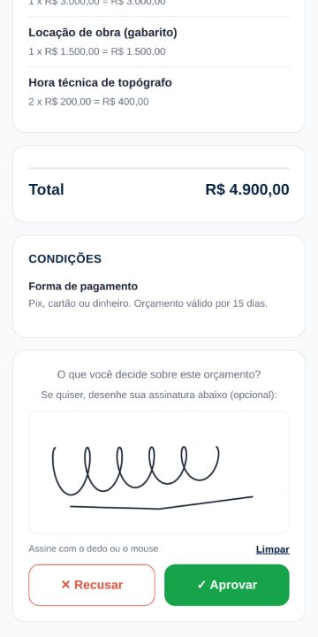 Cliente aprovando o orçamento da Nível Zero Topografia pelo celular