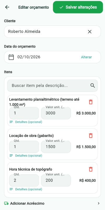 Orçamento de topografia montado com os serviços do catálogo no ServiçoUp