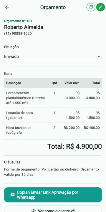 Orçamento com levantamento planialtimétrico, locação de obra e hora técnica de topógrafo no ServiçoUp