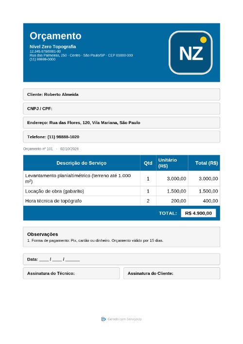 PDF do orçamento com a logo da Nível Zero Topografia (empresa fictícia)