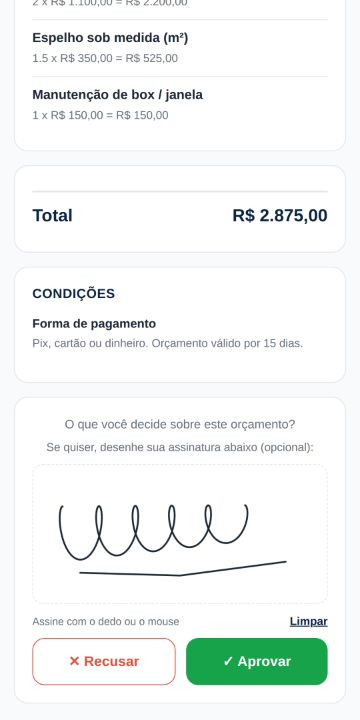 Cliente aprovando o orçamento da Vidro Claro Vidraçaria pelo celular