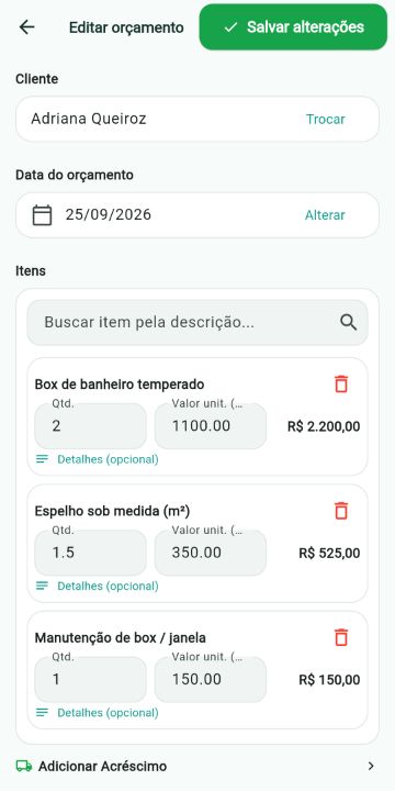 Orçamento de Vidraceiro montado com os serviços do catálogo no ServiçoUp