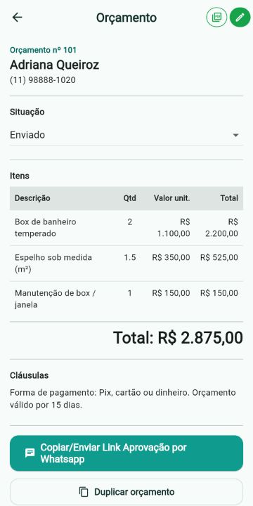 Orçamento de Vidraceiro com itens, quantidades e total no ServiçoUp